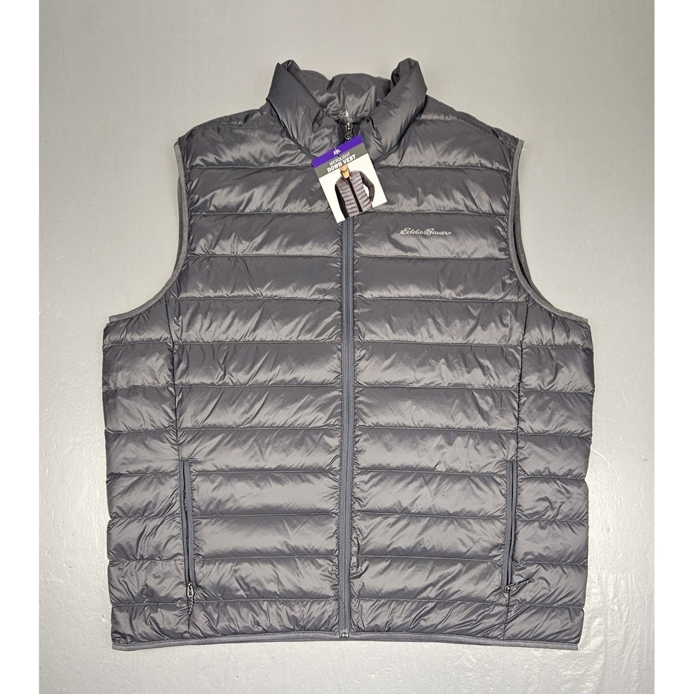 Eddie Bauer Down Vest Mens 2XL Gray 650 Fill Full-Zip Packable Microlight NWT
